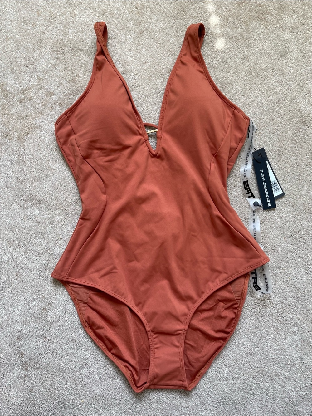 TA3 Plungey Triangle One-Piece Swimsuit Baked Clay L Short NWT